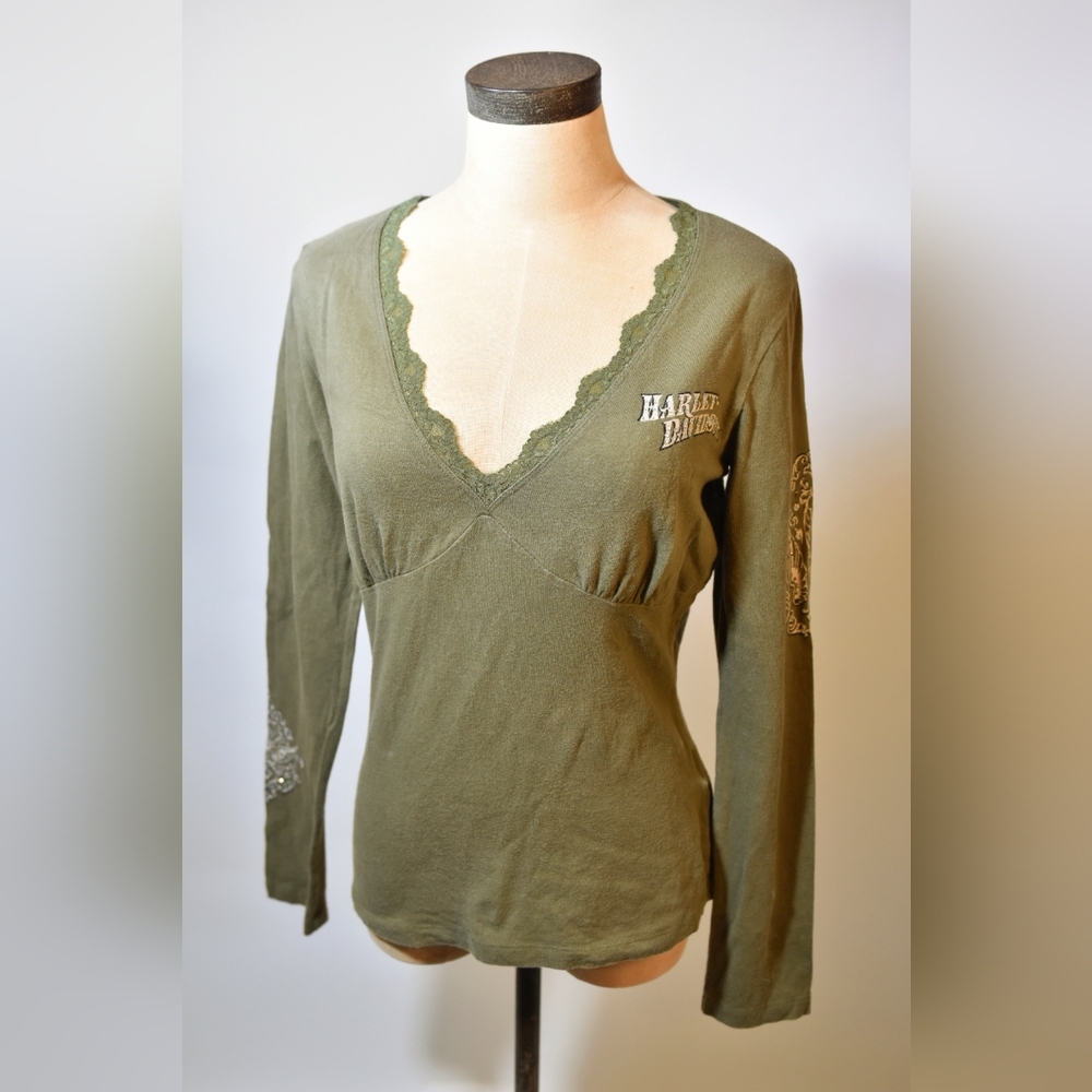 Harley Davidson khaki green long sleeve, sexy v-neck shirt.